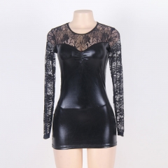 Euramerican imitation leather lace splicing hollow out sex appeal can be worn outside sleep skirt