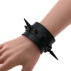 Double leather bracelet with tapered rivets and wide leather wristband bracelet