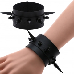 Double leather bracelet with tapered rivets and wide leather wristband bracelet